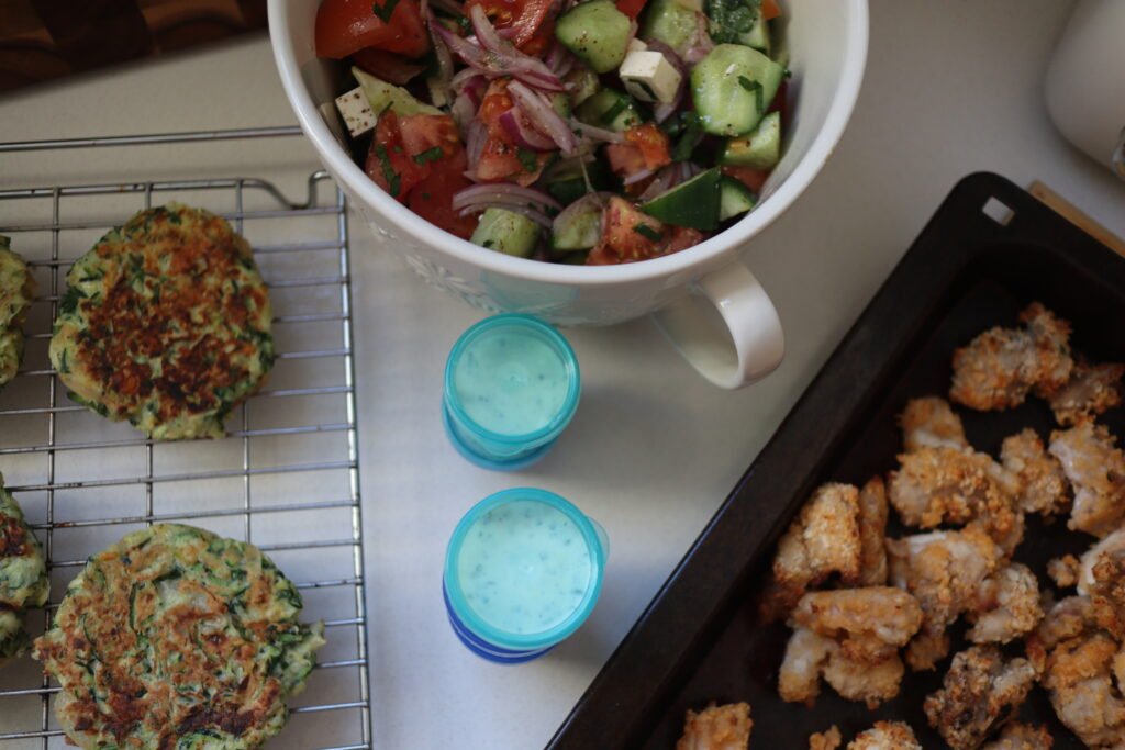 Zucchini fritter meal prep from above